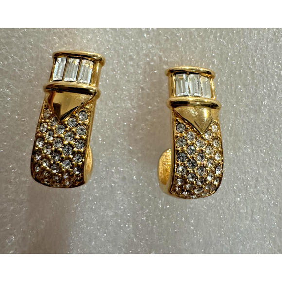 Vintage S.A.L. Swarovski Clear Crystal Half Hoop Earrings Gold Plated Pierced - Picture 1 of 6